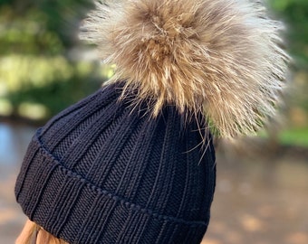 City Hunter Black Knit Hat with Red Lips and Racoon Fur Pom Pom Kinley Knit Beanie Hat with Finn Raccoon Pom Pom in Black  main image 4