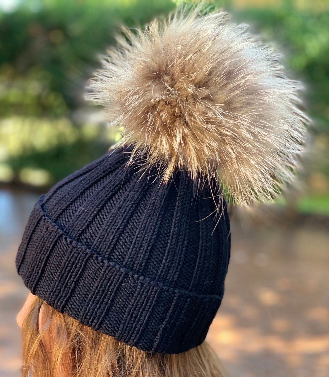 Ribbed Black Beanie Fur Pompom Hat 100% Wool Hat Handmade Knitted Fold Over  Hat Raccoon Pom Pom READY TO SHIP Women's Winter Hat 