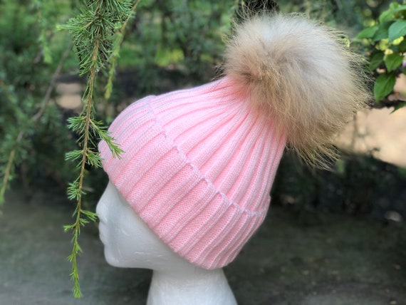 Pink Fur Pom Ribbed Foldover Knit Hat - Knit Hat With  display picture 1