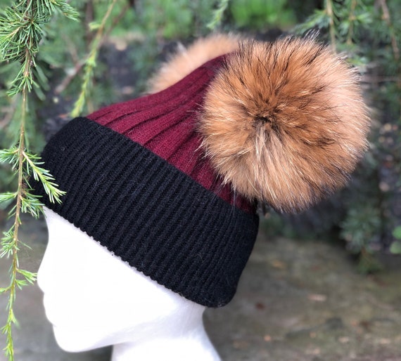 Black Burgundy Fur Pom Ribbed Foldover Knit Hat - Knit Hat 
