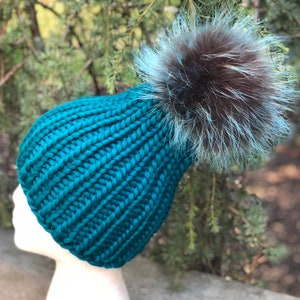Women&#39;s Winter Beanie Fur Pompom Chunky Wool Hat  - 100% Wool Hat - Handmade Ribbed Knitted Hat - Raccoon - Gift