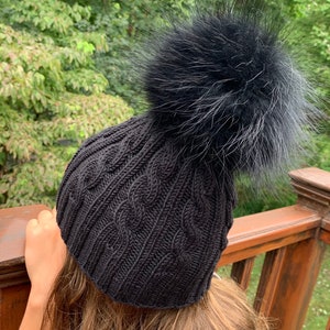 Cable Knit Ribbed Black Beanie Fur Pompom Hat - 100% Wool Hat - Handmade Knitted  Hat-Raccoon Pom Pom-READY TO SHIP-Women&#39;s/Kids Winter Hat