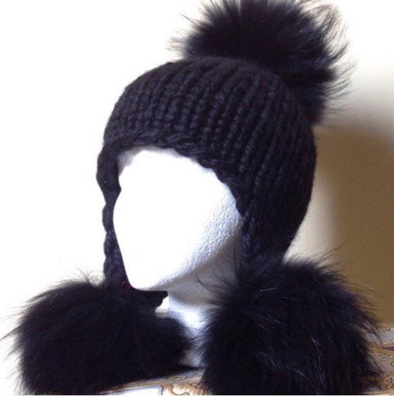 Black Chunky Alpaca Beaniefur Pompom Hat Trapper Hat 100 Etsy