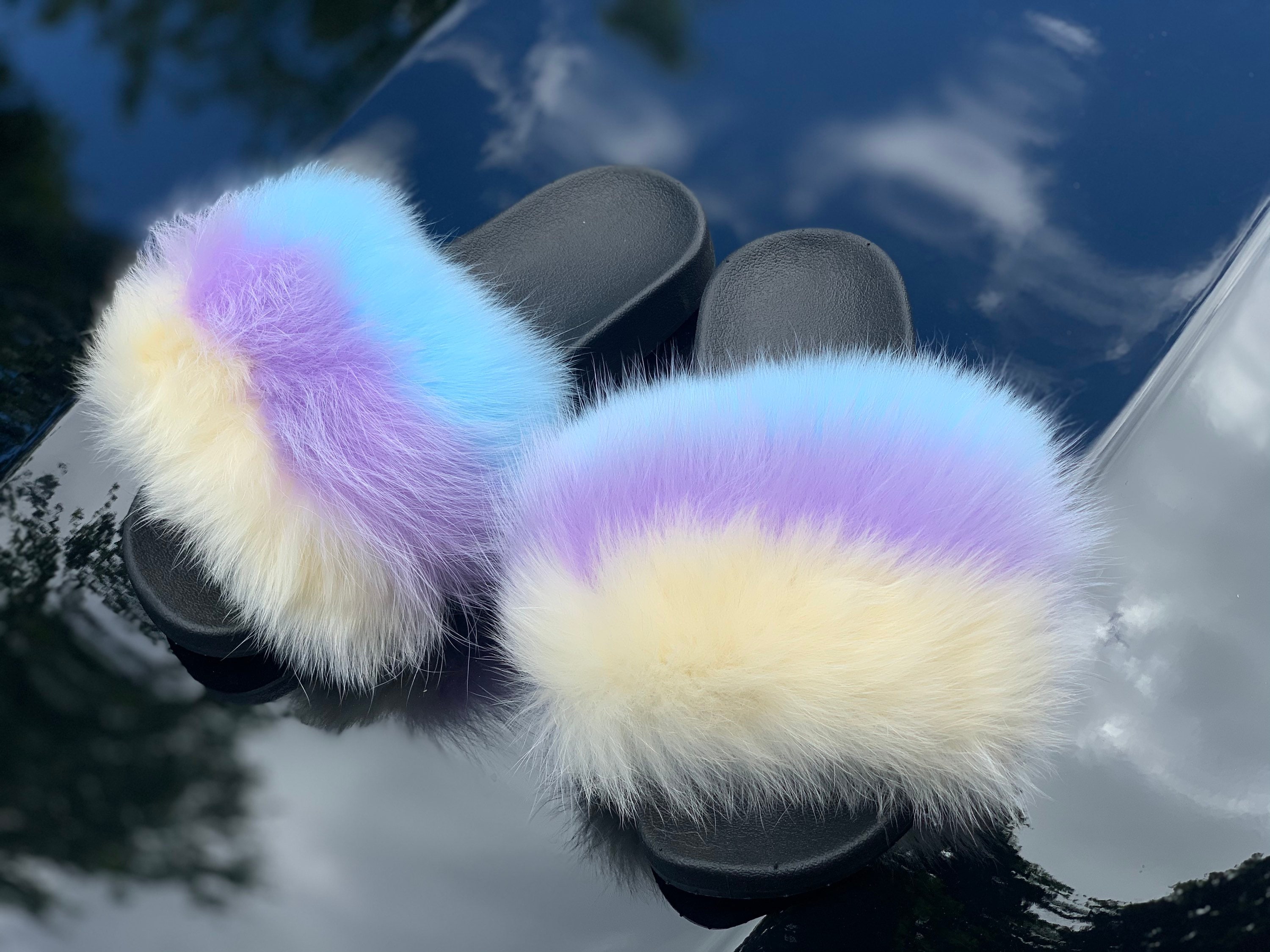 Buy Fox Fur Slides Sandals Slippers Available in Many Colors Blue