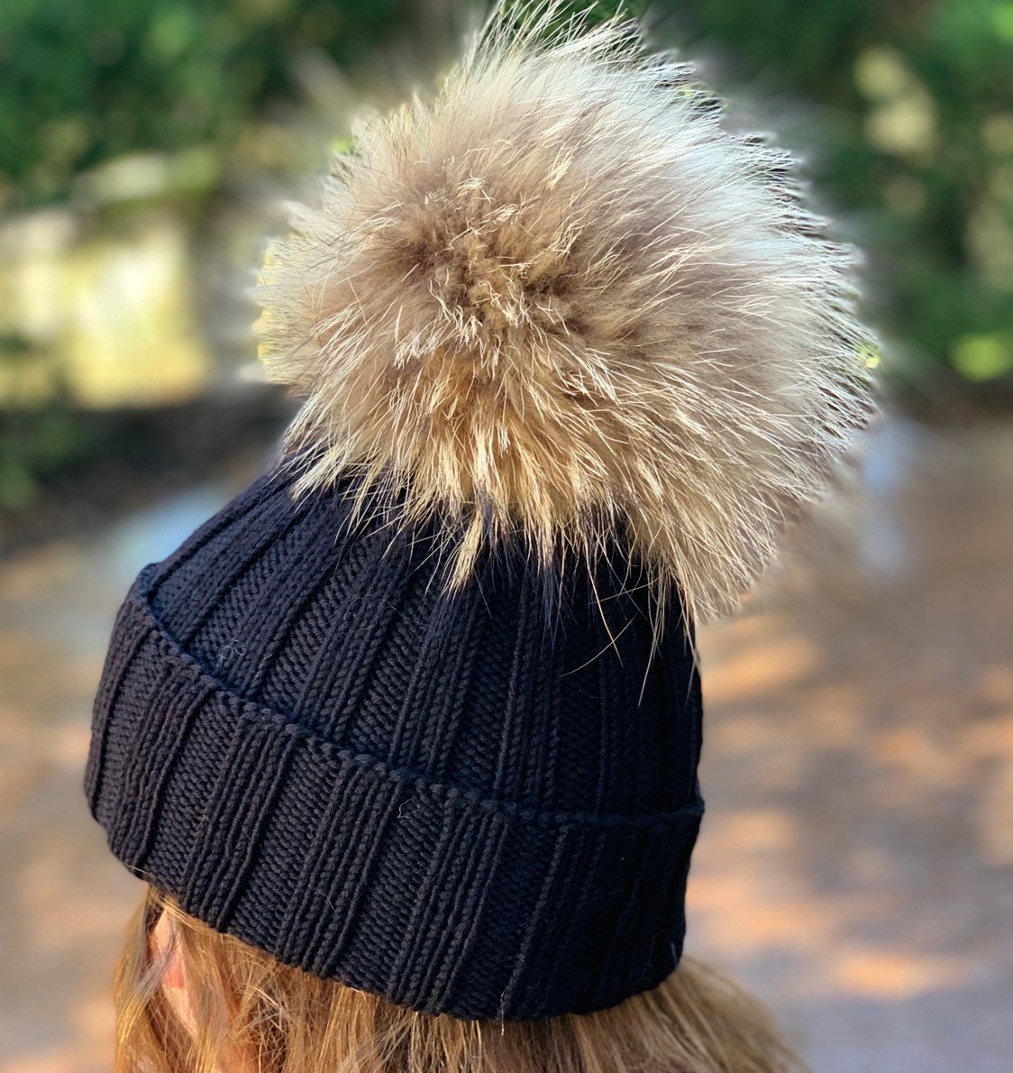 Ribbed Black Beanie Fur Pompom Hat - 100% Wool Hat  display picture 2