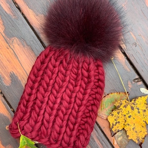 Chunky Bulky Wool Beanie Hat  - 100% Wool Hat - Handmade Ribbed Knitted Hat-Raccoon Pom Pom-READY TO SHIP - Women&#39;s/Kids Winter Hat