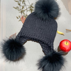 Black Chunky Alpaca  BeanieFur Pompom Hat  - Trapper Hat -  100% Wool Hat - Handmade  Knitted Hat - Fur  Pom Pom - Trapper Aviator