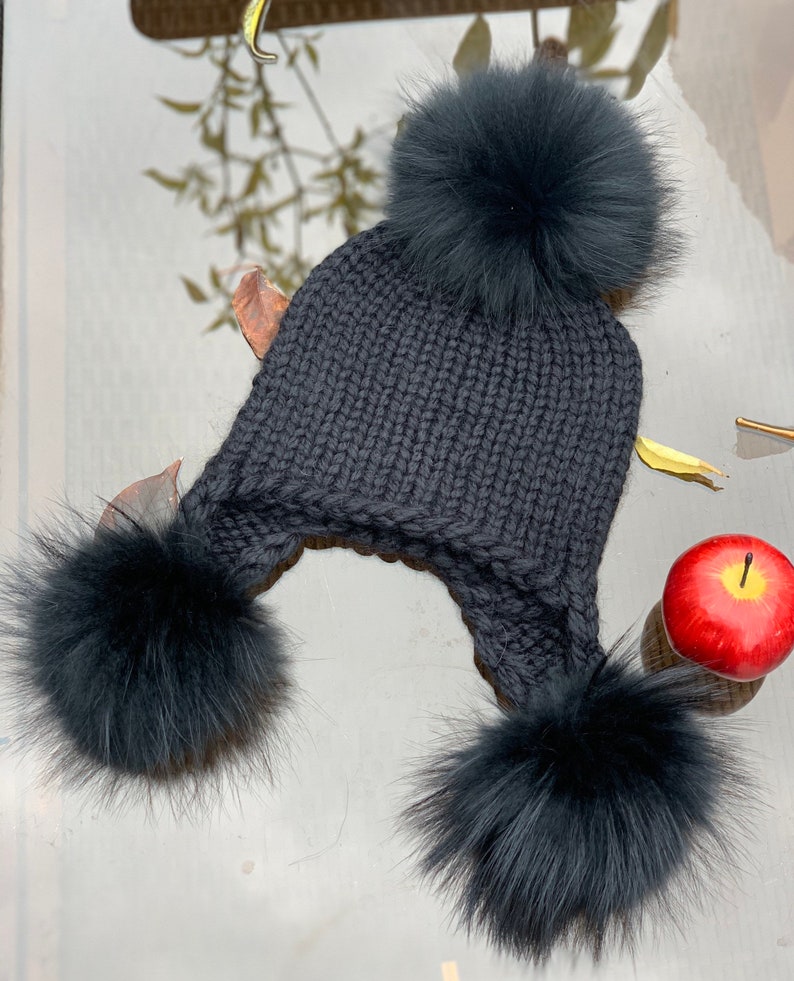 Black Chunky Alpaca Beaniefur Pompom Hat Trapper Hat 100 Etsy
