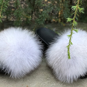 Fox fur slides sandals slippers available in many colors - Light Light Grey - SIZE 6