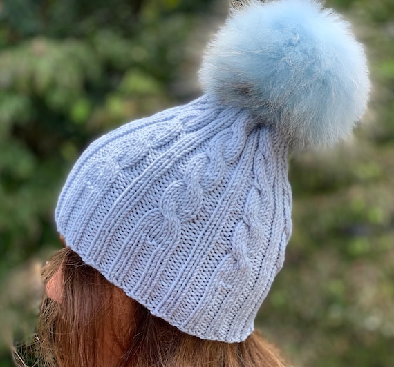 Cable Knit Ribbed Baby Blue Beanie Fur Pompom Hat 100% Wool Hat  Handmade Knitted Hat Raccoon Pom Pom READY TO SHIP Women's Winter