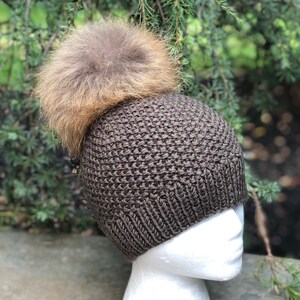 Chunky Beanie Fur Pompom Hat - 100% Wool Hat - Handmade Knitted Hat - Raccoon Pom Pom - READY TO SHIP - Women&#39;s Winter Hat