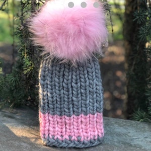 Kids ChunkyBeanie Fur Pompom  Wool Hat  - 100% Wool Hat - Handmade Ribbed Knitted Hat - Raccoon Pom Pom - READY TO SHIP - 3-5 years old