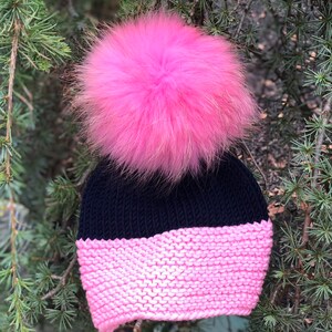 Kids Chunky Beanie Fur Pompom Hat - 100% Wool Hat - Handmade Knitted Hat - Raccoon Pom Pom - Women&#39;s  Winter Hat - 1-2 years old