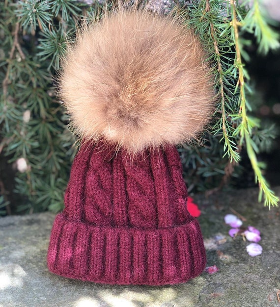 Fur Pom Cable Knit Ribbed Foldover Knit Hat - Knit Hat With  display picture 2