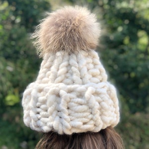 Super Chunky Fur Pompom Beanie Women Hat  - 100% Alpaca Hat - Handmade Knitted Fold Over Hat - Raccoon Pom Pom - READY TO SHIP - Gift