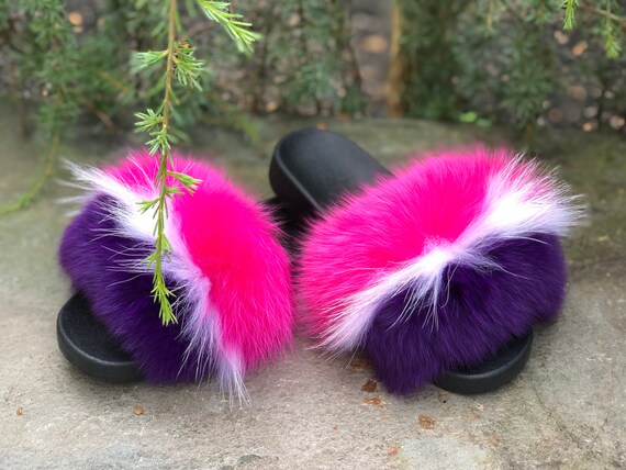 thumbnail image 2 of Women's Real Fox Fur Slides – Furry Slippers Summer Flat Sandals, Multi-Color, Arch Support 2 of 5