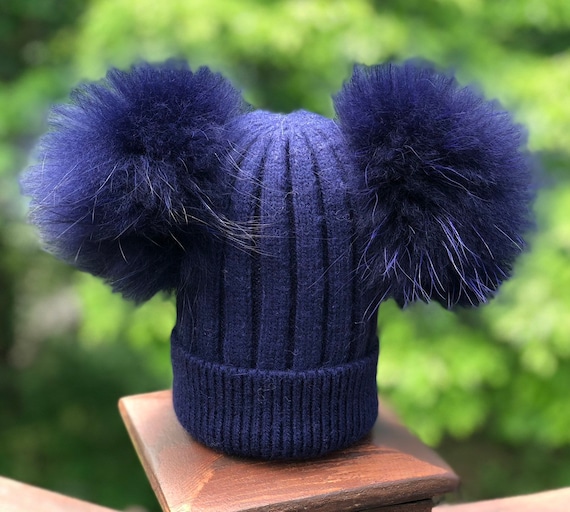 Navy Blue Double Fur Pom Ribbed Foldover Knit Hat Knit Hat With Raccoon  Fur Pom Kids Child Size Hat Mimi Minnie Hat