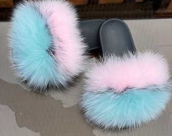 Fox fur slides sandals slippers available in many colors - Pink / Mint - SIZE 8 , 9
