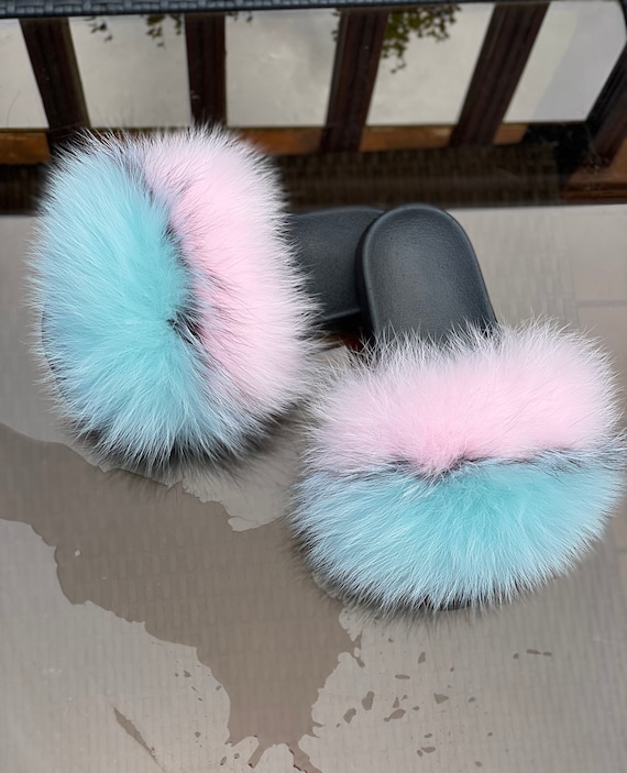 Pink Fox Fur Slides Real Fur Slides Fur Slippers Fluffy 