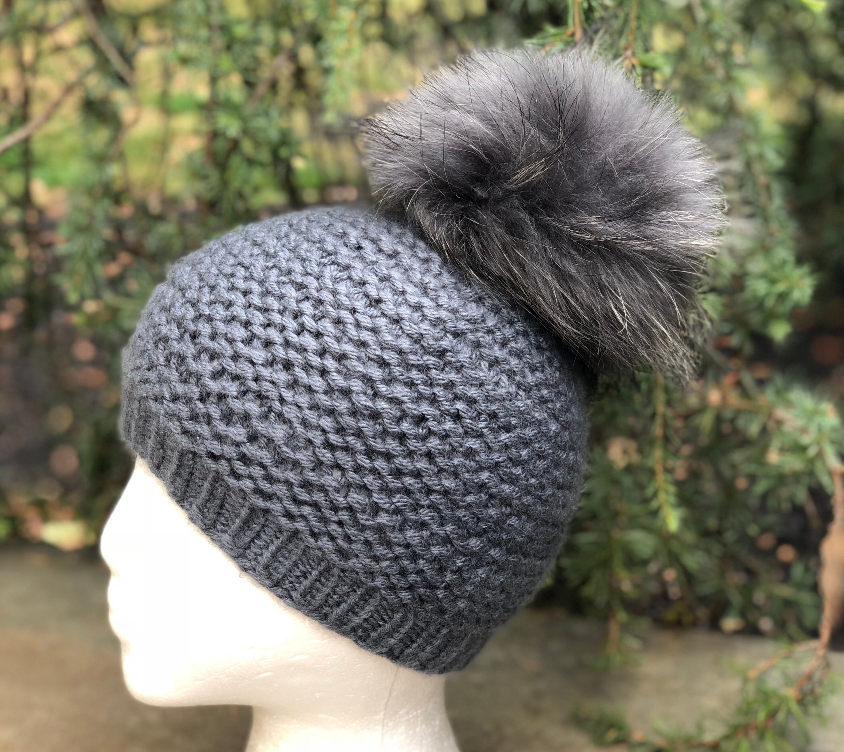 Chunky Knit 95% Cashmere 5% Merino Wool Hat with Raccoon Pom 100% Cashmere Chunky Beanie Hat Fur Pompoms - Trapper Hat  main image 2