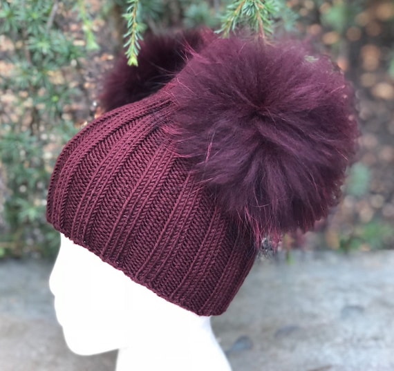 Burgundy Pom Pom Knit Beanie Hat | Ribbed Cuff | Cozy Fall/Winter Staple Fine Rib Knit Pom Pom Hat | Joy Susan main image 3
