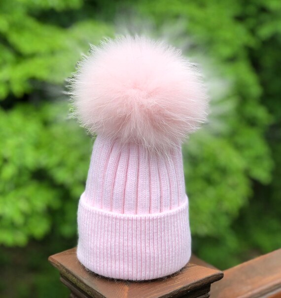 Baby Pink Fur Pom Ribbed Foldover Knit 