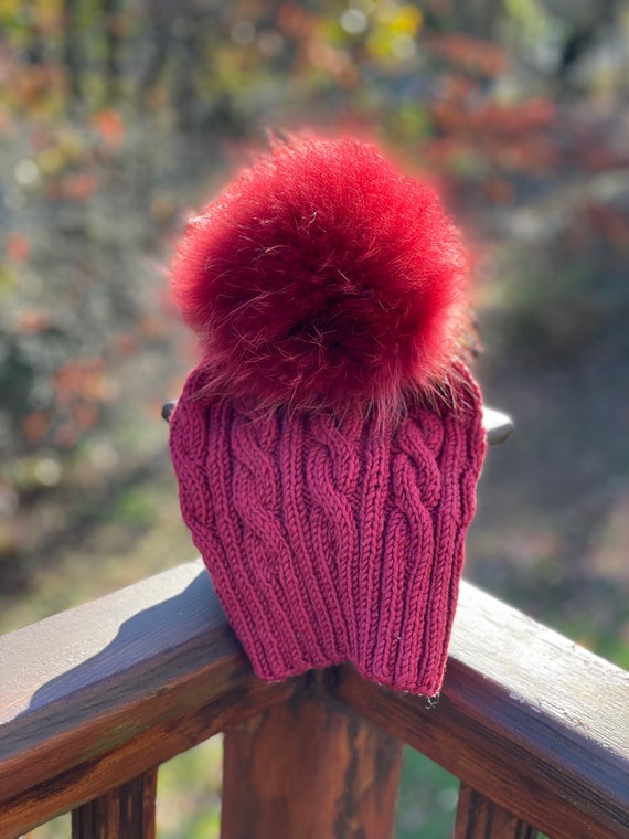 Women’s Wine Red Winter Ribbed Beanie Hat Chunky Cable Knit Pompom Warm Red Knit Hat Slouchy Beanie Women Red Wool Cape Cable Knit  main image 4