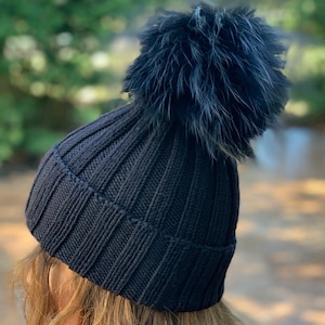 Ribbed Black Beanie Fur Pompom Hat - 100% Wool Hat - Handmade Knitted Fold Over Hat-Raccoon Pom Pom - READY TO SHIP-Women&#39;s/Kids Winter Hat