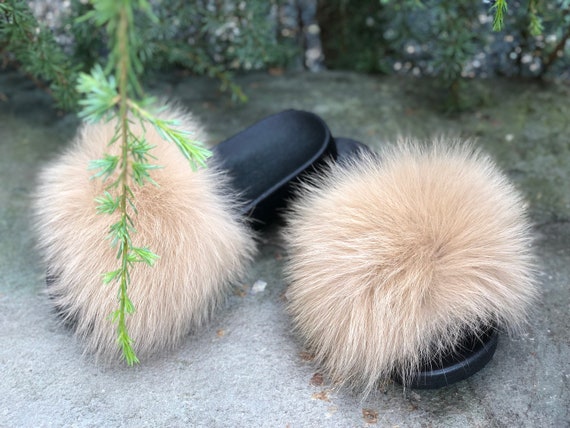 cream fur slides