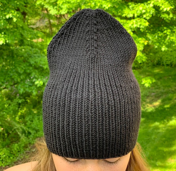 Ribbed Black Beanie Hat - 100% Italian Wool Hat - Hand Ribbed Black Beanie Hat - 100% Italian Wool Hat - Hand