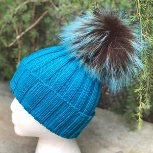 Ribbed Turquoise Beanie Fur Pompom Hat - 100% Wool Hat - Handmade Knitted Fold Over Hat - Raccoon Pom Pom - READY TO SHIP - Women&#39;s Winter H