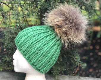 Chunky Winter Beanie Fur Pompom Wool Hat - Chapeau 100% laine - Chapeau tricoté côtelé fait à la main - Fur Pom Pom - PRÊT À EXPÉDIER