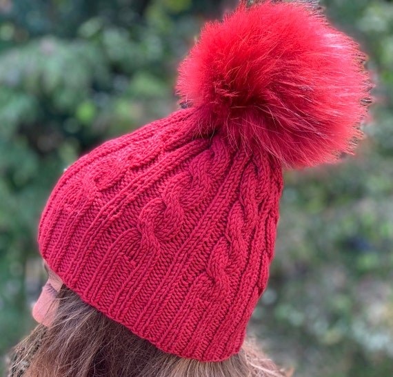 Women’s Wine Red Winter Ribbed Beanie Hat Chunky Cable Knit Pompom Warm PAGE ONE Womens Winter Ribbed Beanie Crossed Cap Chunky  main image 3