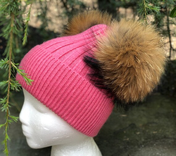 Pink Fur Pom Ribbed Foldover Knit Hat - Knit Hat With  display picture 1