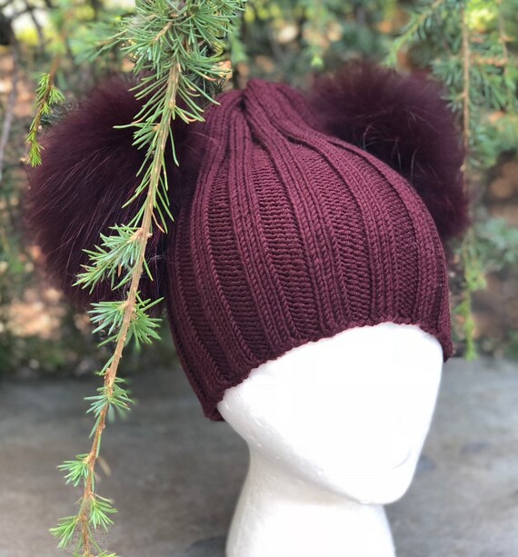 Ribbed Burgundy Beanie Fur Pompom Hat - 100% Wool Hat  display picture 1