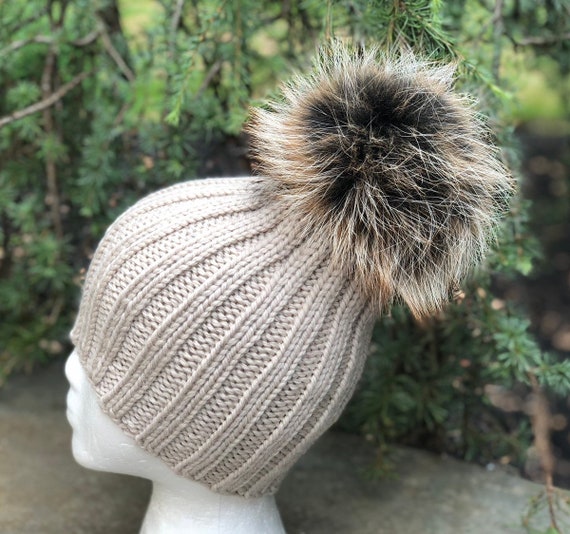 Beige Chunky Ribbed Beanie Fur Pompom Hat -alpaca Wool Hat  display picture 1