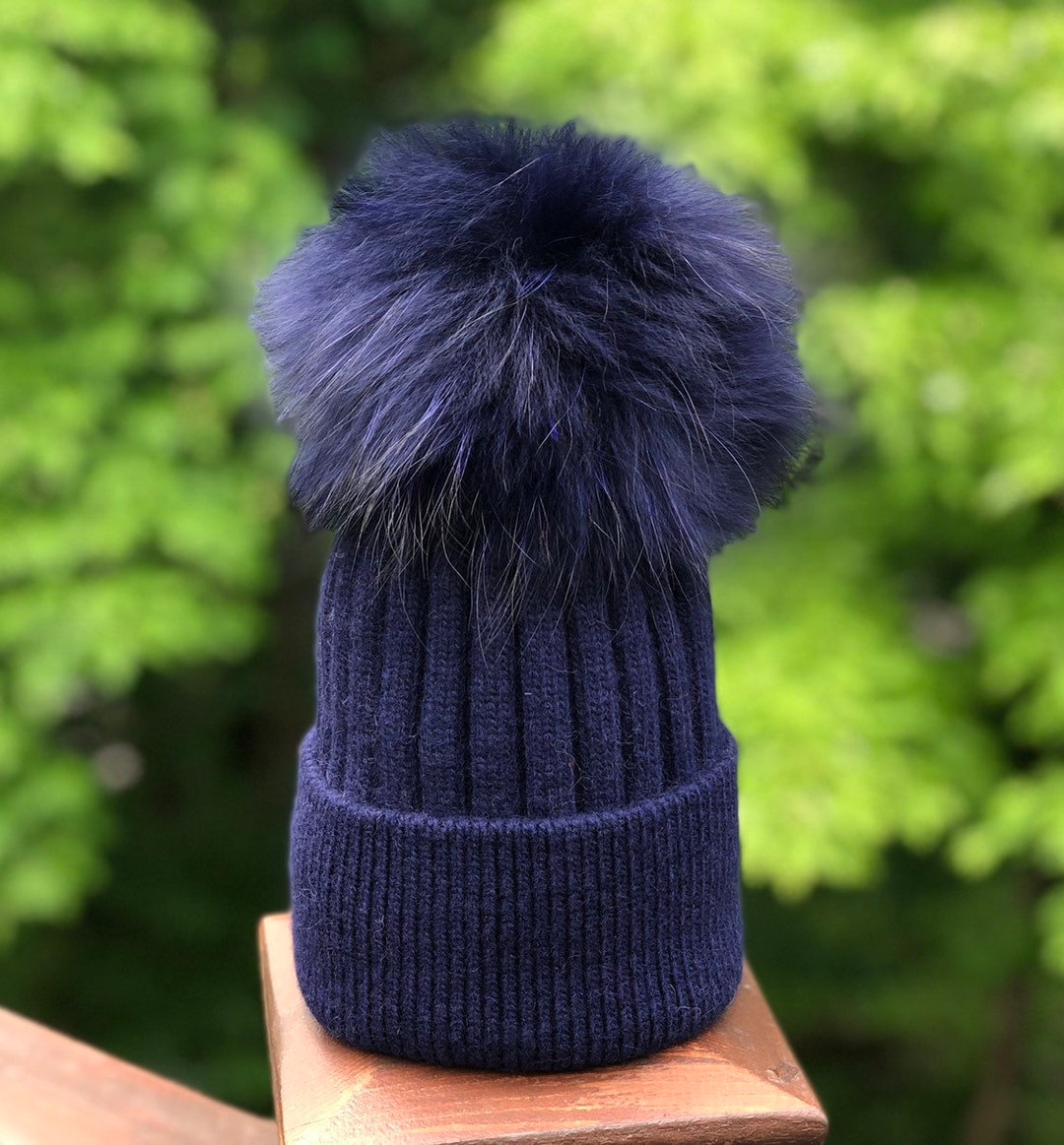 French Trotters Wool Acrylic Cuff Beanie Pom Pom Dark Navy Hat Made in France Boys Navy Blue Knitted Pom-Pom Hat | Made in France – Bebe  main image 2