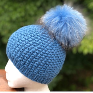 100% Cashmere Blue Chunky Beanie Fur Pompom Hat - Handmade  Knitted  Hat - Raccoon Pom Pom - Super Soft - READY TO SHIP - Women&#39;s Winter Ha