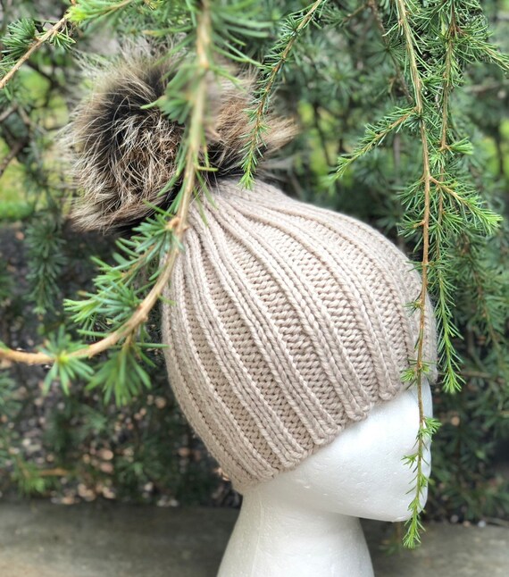 Beige Chunky Ribbed Beanie Fur Pompom Hat -alpaca Wool Hat  display picture 3