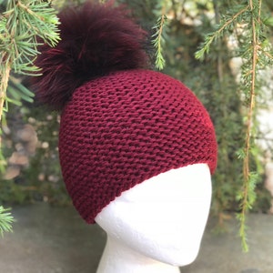 Chunky Beanie Fur Pompom Hat - 100% Wool Hat - Handmade Knitted Hat - Raccoon Pom Pom - Women&#39;s /Kids Winter Hat