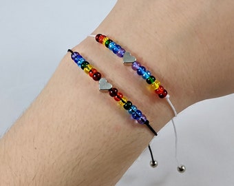 Pulsera ajustable arco iris y corazón - Joyería de orgullo neutral de género - Amistad o regalo romántico para todas las edades