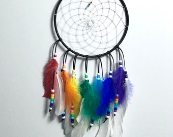 Rainbow Dreamcatcher 8” Black Ring - Gender Neutral Pride Gift - Indigenous Made Feather Wall Hanging