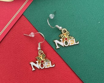 Noel Word Charm Aretes Stocking Stuffer Gift Idea, Accesorios De Invierno Para Ella, Joyas De Fiesta De Navidad, Joyas Navideñas