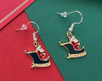 Santa en su trineo pendientes Idea de regalo de relleno de medias - Accesorios de invierno para ella - Joyas de fiesta de Navidad - Joyería navideña