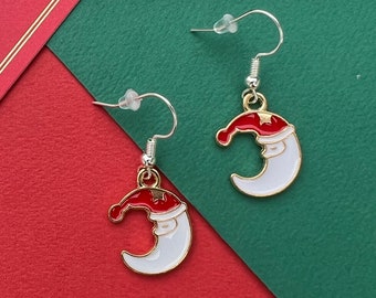Luna creciente con pendientes de sombrero de Papá Noel idea de regalo de relleno de medias - Accesorios de invierno para ella - Joyería de fiesta de Navidad - Joyería navideña