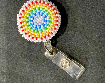 Beaded ID Badge Reel Key Fob - Rainbow Colours - Indigenous Hand Made