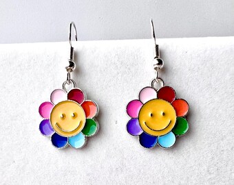 Pendientes de flores sonrientes de arcoíris - Joyería sin níquel