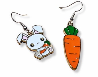 Pendientes desiguales de conejito y zanahoria: joyas divertidas y adorables sin níquel