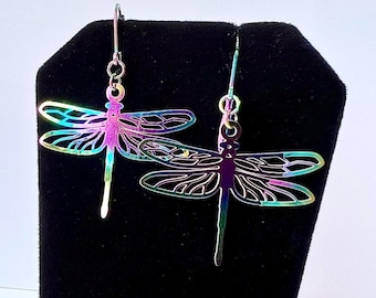 Iridescent Dragonfly Earrings: Hypoallergenic Stainless Steel Lever Back