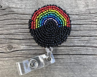 Beaded Rainbow ID Badge Reel Key Fob - Native American Beadwork - Indigenous Hand Made